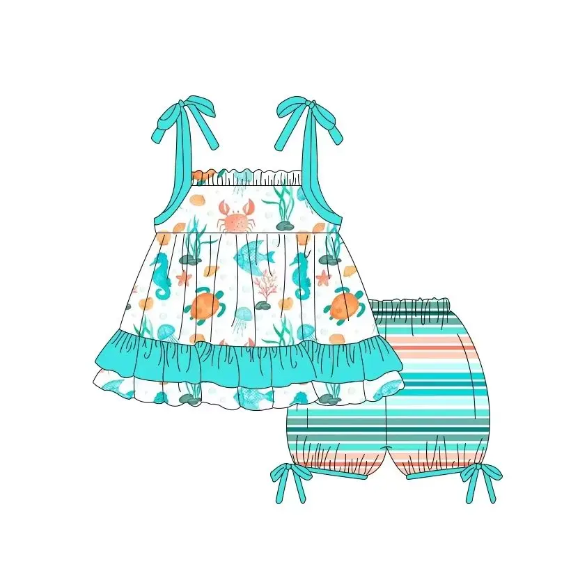 Boutique Baby Bubble Romper Kids Clothing Summer Marine Print Girl Boy Beach Shorts Set