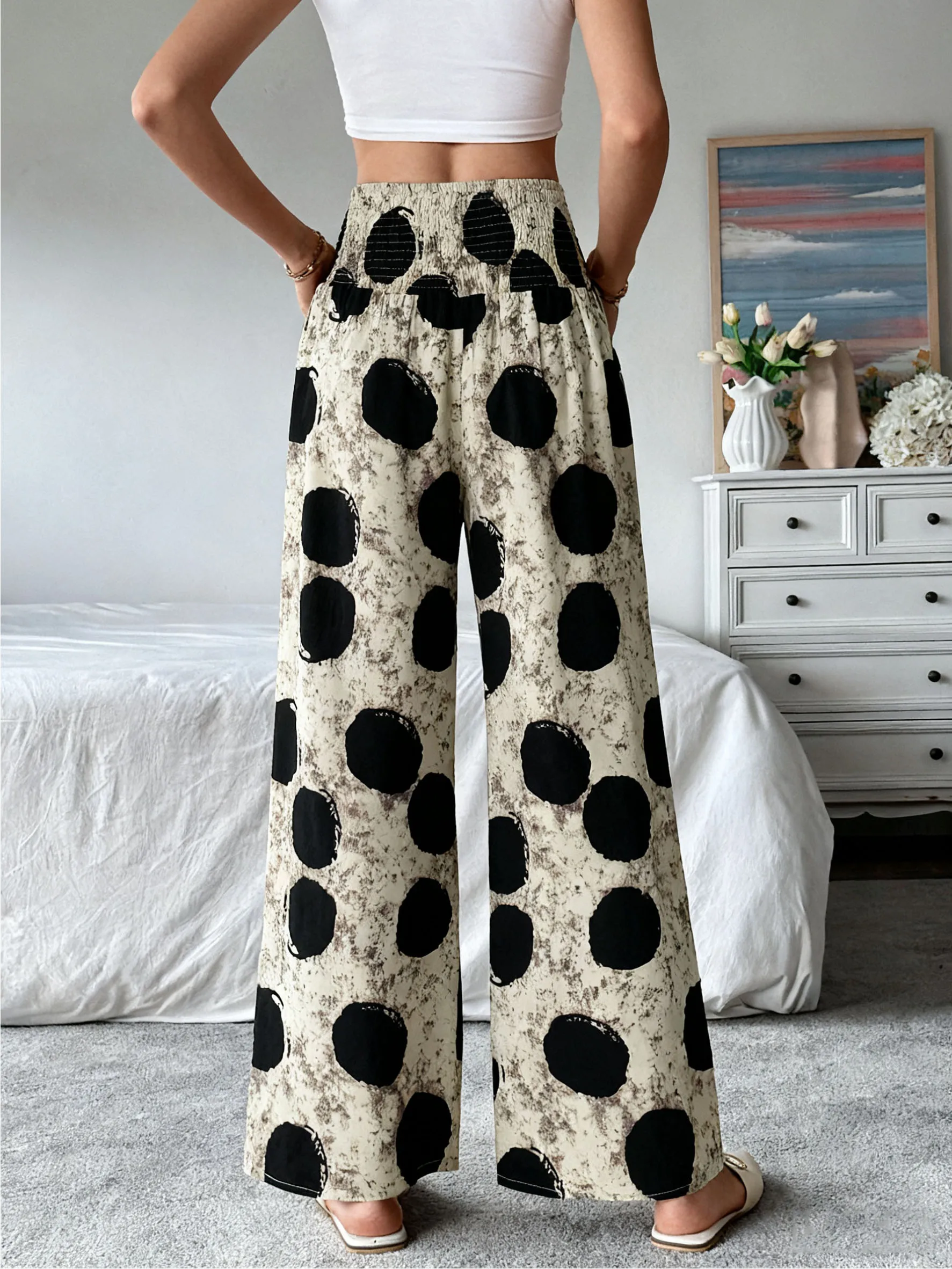 Pantaloni a Gamba Larga da Donna Stile Retrò a Pois con Vita Alta Arricciata ed Elastica per Primavera ed Estate, Casual per Vacanze e Ufficio