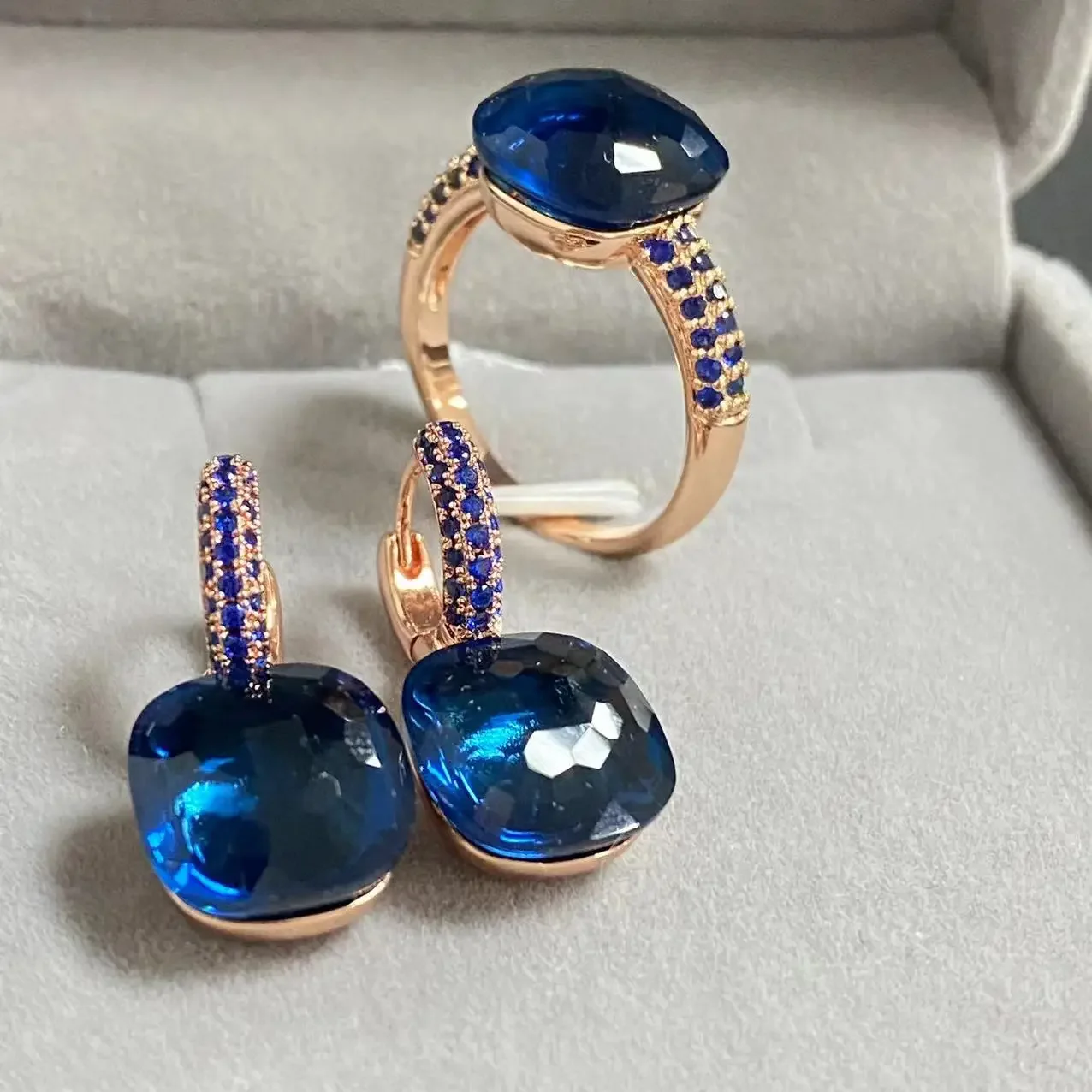 2Pcs/Set 12.6mm Ring Earrings Set Inlay Blue Zircon Candy Crystal Jewelry Set Royal Blue Nudo Drops Earrings Ring Set