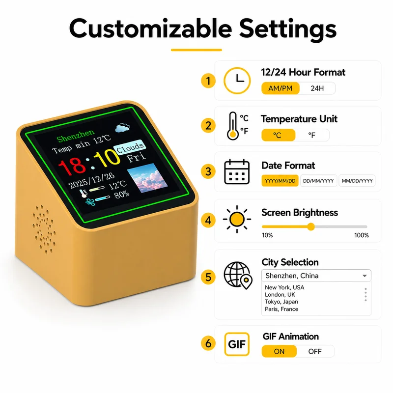 Smart Wi-Fi Desk Clock with Weather, Temperature, Humidity and Alarm Display description 5