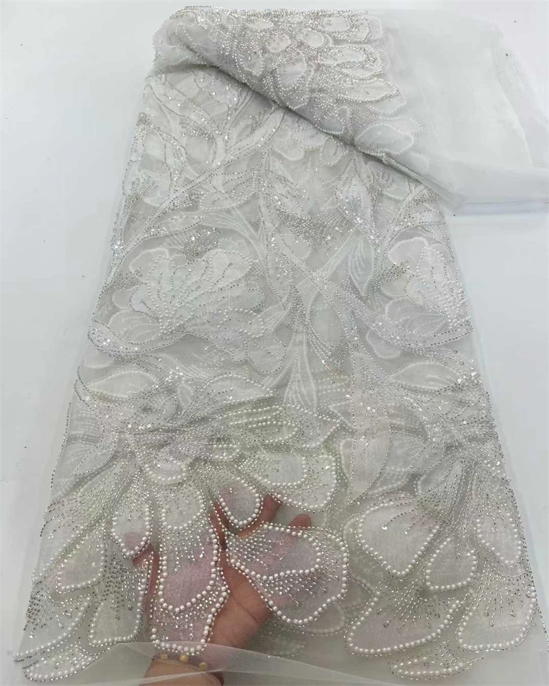 

African Sequins Beaded Lace Fabric High Quality Sequence Embroidery French Nigerian Lace Fabric for Wedding Dress