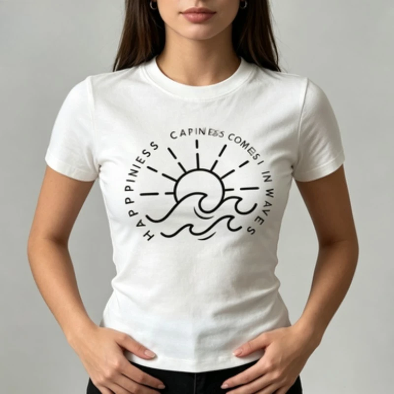 Womens Cotton Standard Fit Crewneck Tee Sun And Wave Print Happiness Comes In Waves Trendy Casual Ladies Short Sleeve Top