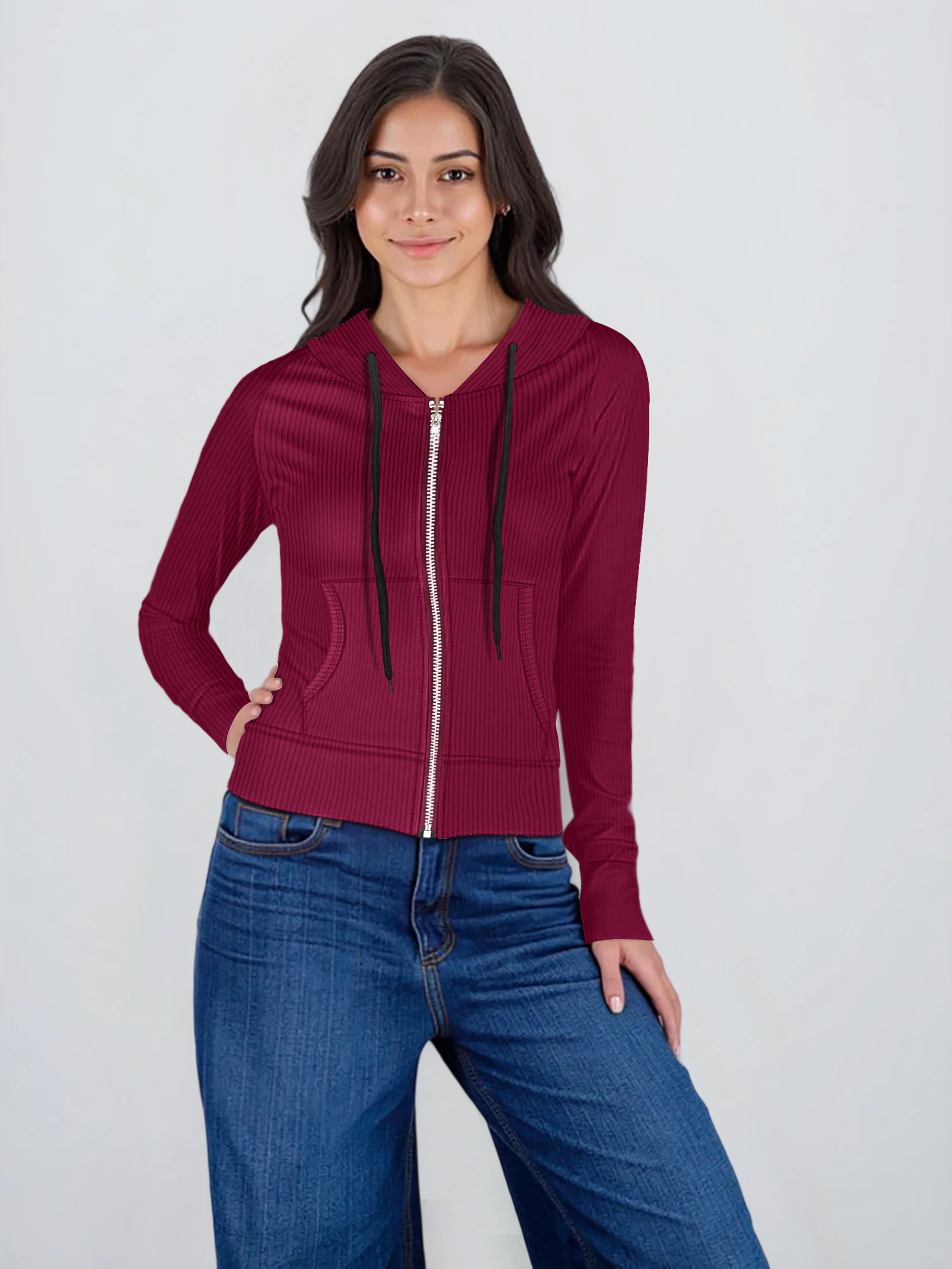 Women Ribbed Knit Full Zip Hoodie Long Sleeve Slim Fit Cropped Jacket with Drawstring Pocket