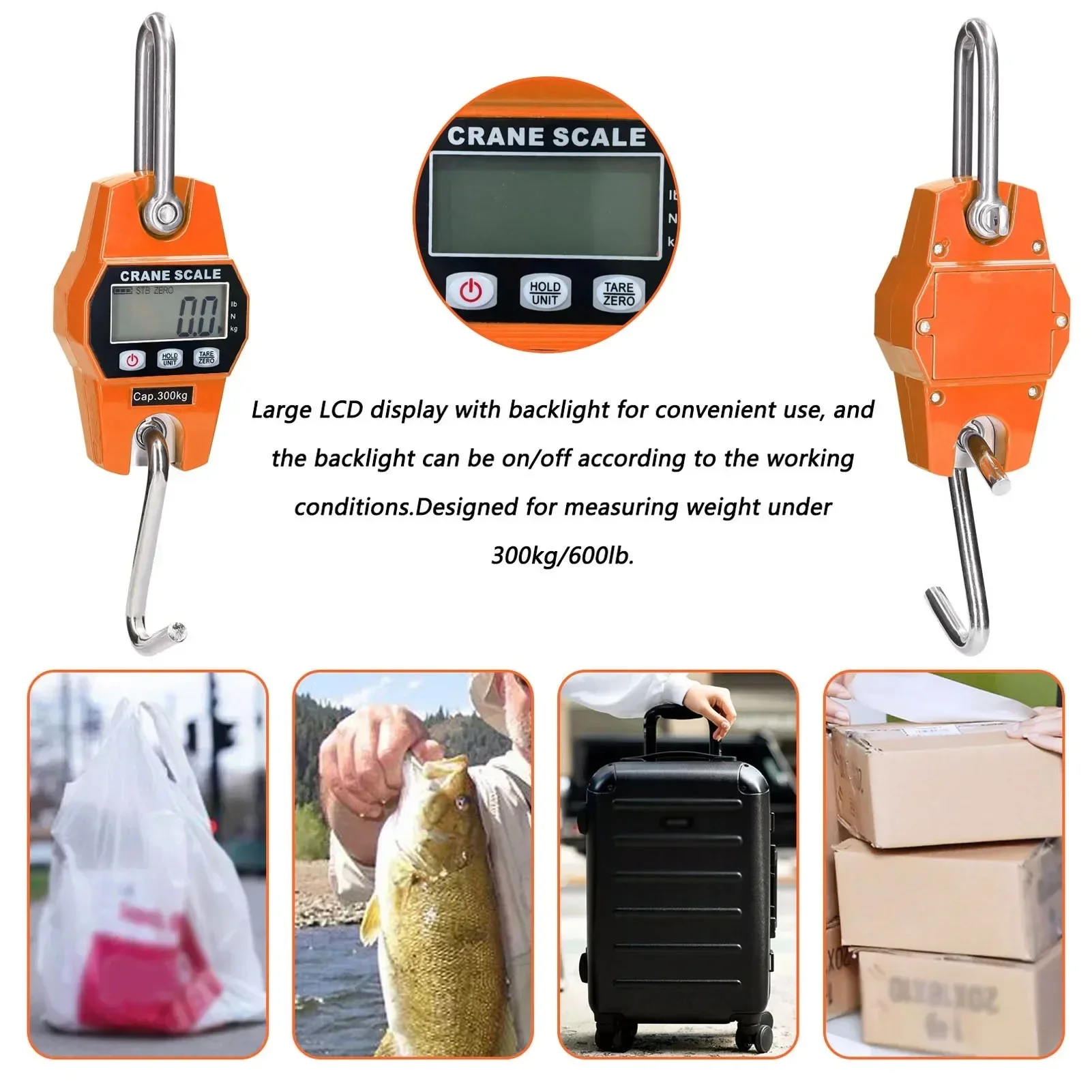 300kg Electronic Crane Scale LCD Digital Weighing Tool Industrial Heavy Duty Weight Stainless Steel Hook Scale Hanging Scale