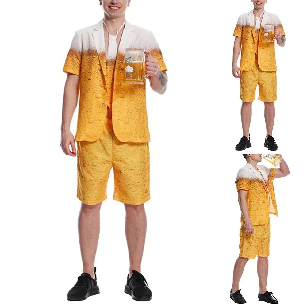 Men\'s Oktoberfest Beer Suit, Funny Humour Stag Party Costume Jacket Pants, 3D Beer Pattern, Cosplay Dress 3Pcs/Set