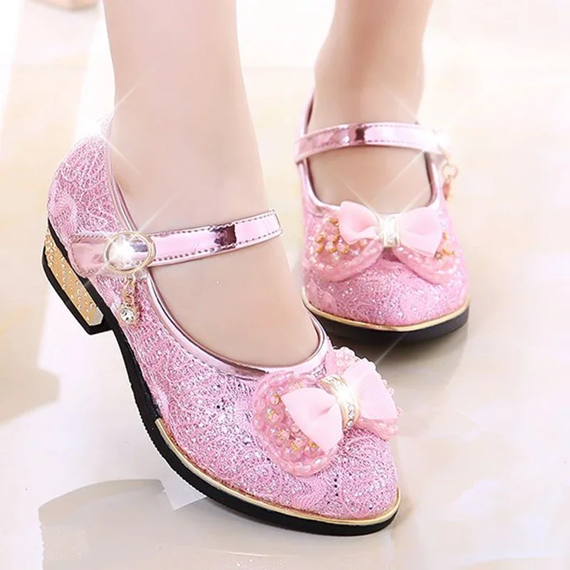 Kids Wedding Dress Shoes Children Princess Shoes Bowtie Leather Shoes for Girls Casual Shoes Girls High Heels