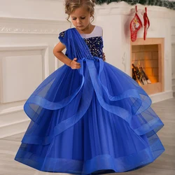 Girls' Sequin Princess Dress 4-12 Years Old One Shoulder Big Bow Puffy Dress Cake Dress Banquet Host High end Evening Dress