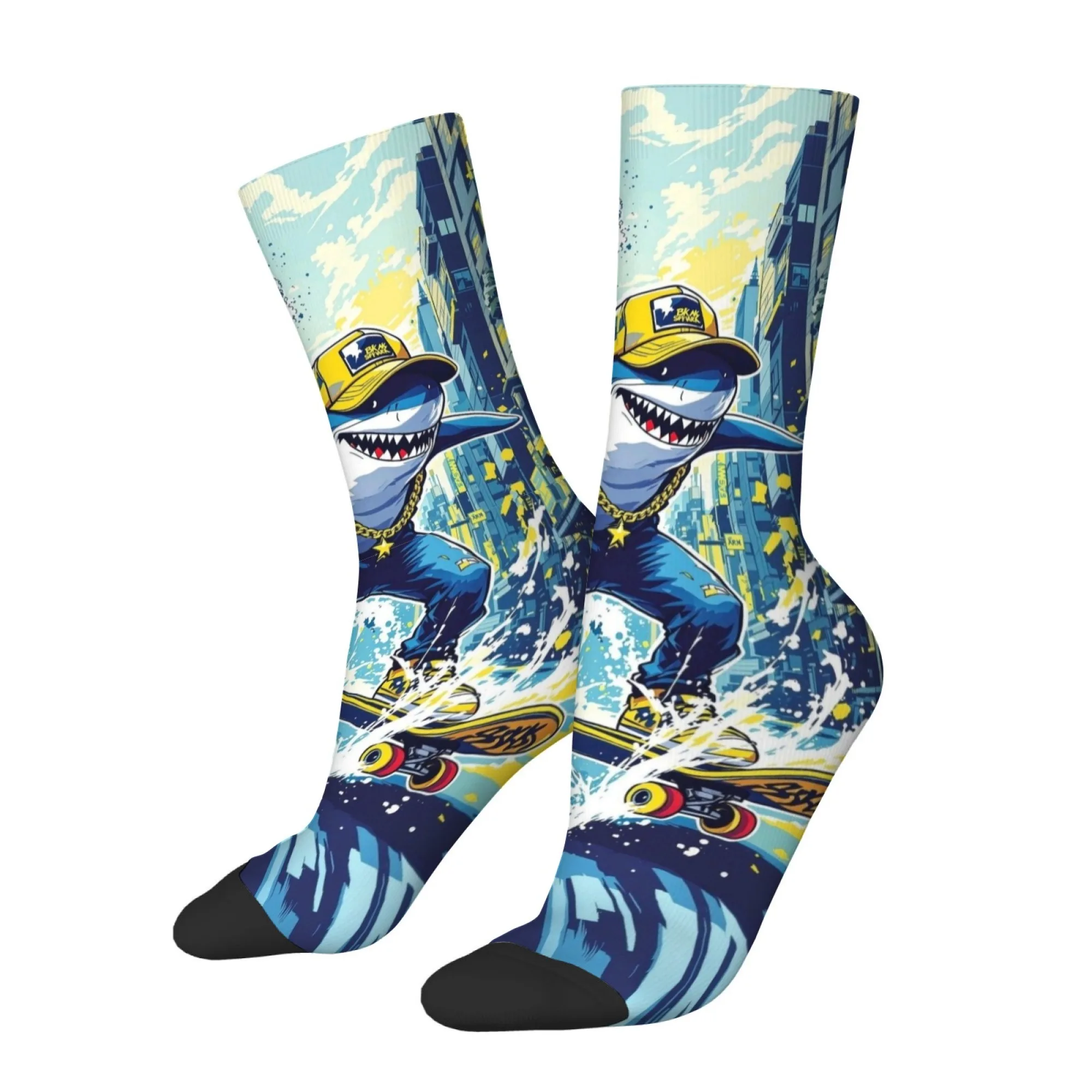Street-style Skateboard Shark Mid-calf Socks Blue and White Color Hip-hop Street Style Comfortable and Breathable Skate Socks