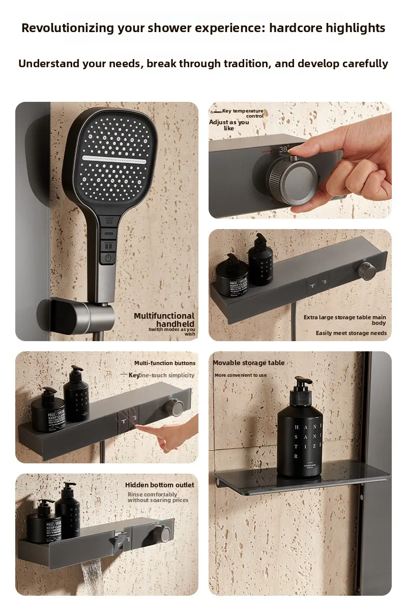 

Простой полностью медный цифровой дисплей, термостатический душевой набор, большой стол для хранения, ванная комната, домашняя кнопка фортепиано под давлением