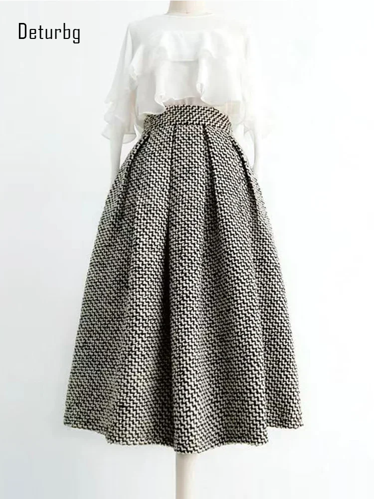 

Women's Fashion Woven Tweed Skirt with Pocket 2024 Winter Korean Vintage Thickened High Waist Pleated A-Line Skirts Faldas K198