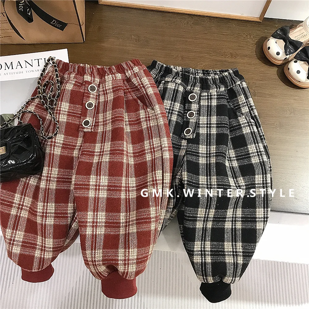 Korean Winter Children Girls Plaid Pants Cotton Fleece Thicken Warm Kids Baby Girl Sweatpant Loose Integrated Little Girls Pants