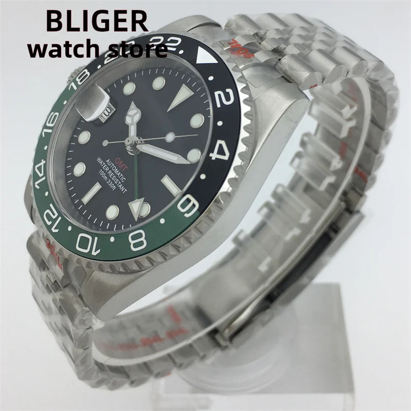 BLIGER Left hand 40mm NH34A Men\'s Automatic Mechanical watch stainless steel strap case sapphire glass 9 o \'clock crown date