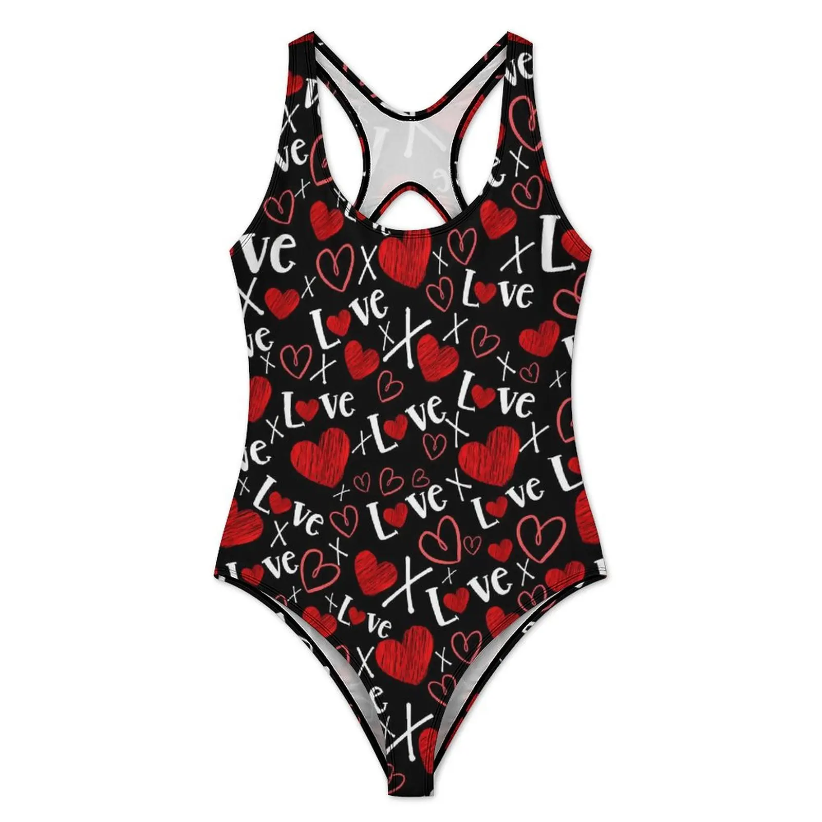 Love And Hearts Swimsuit Valentine Swimwear One Piece Sport Graphic Bodysuit Hollow Out Monokini Female Push Up Sexy Beach Wear