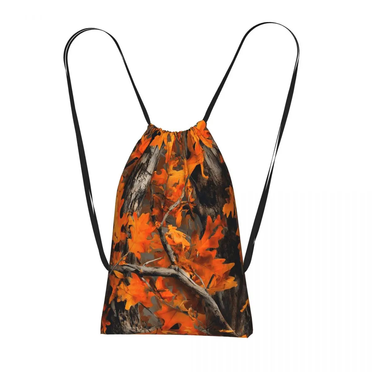 Orange Oak Leaves Autumn Camouflage Artwork Drawstring Backpack hiking cycling Bag Portable Travel Drawstring Bag for Men Women