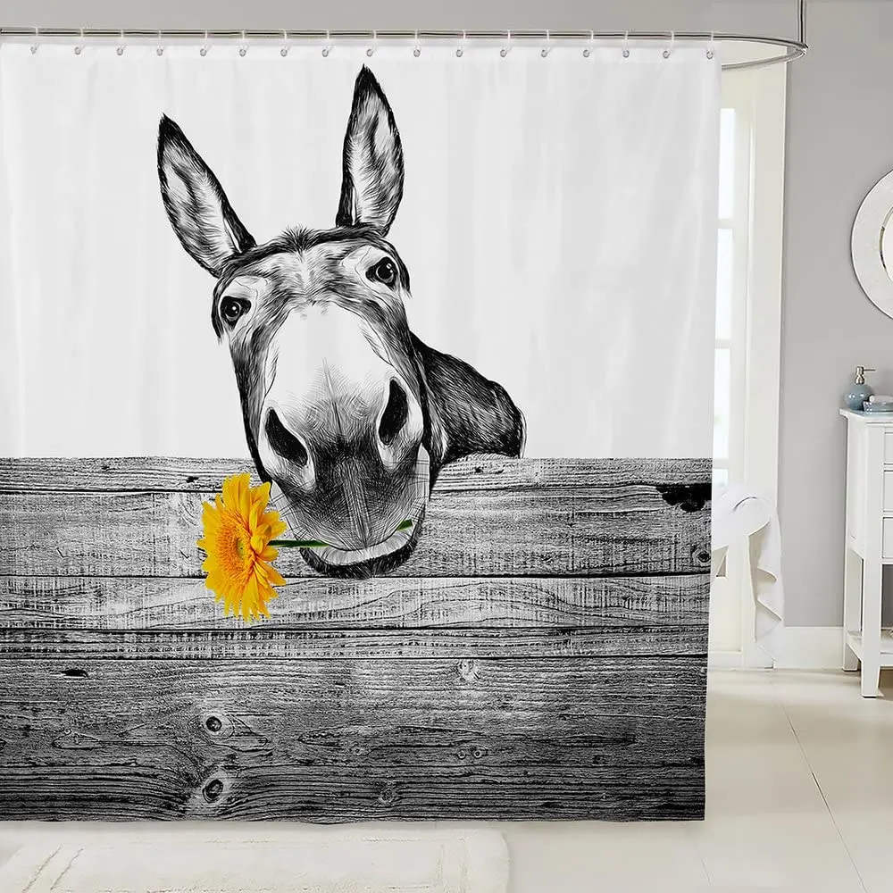 Donkey ผ้าม่าน Rustic Floral Farmhouse ผ้าม่านห้องน้ําสีดําและสีขาวน่ารักสัตว์โมเดิร์นกันน้ําชุดตะขอ