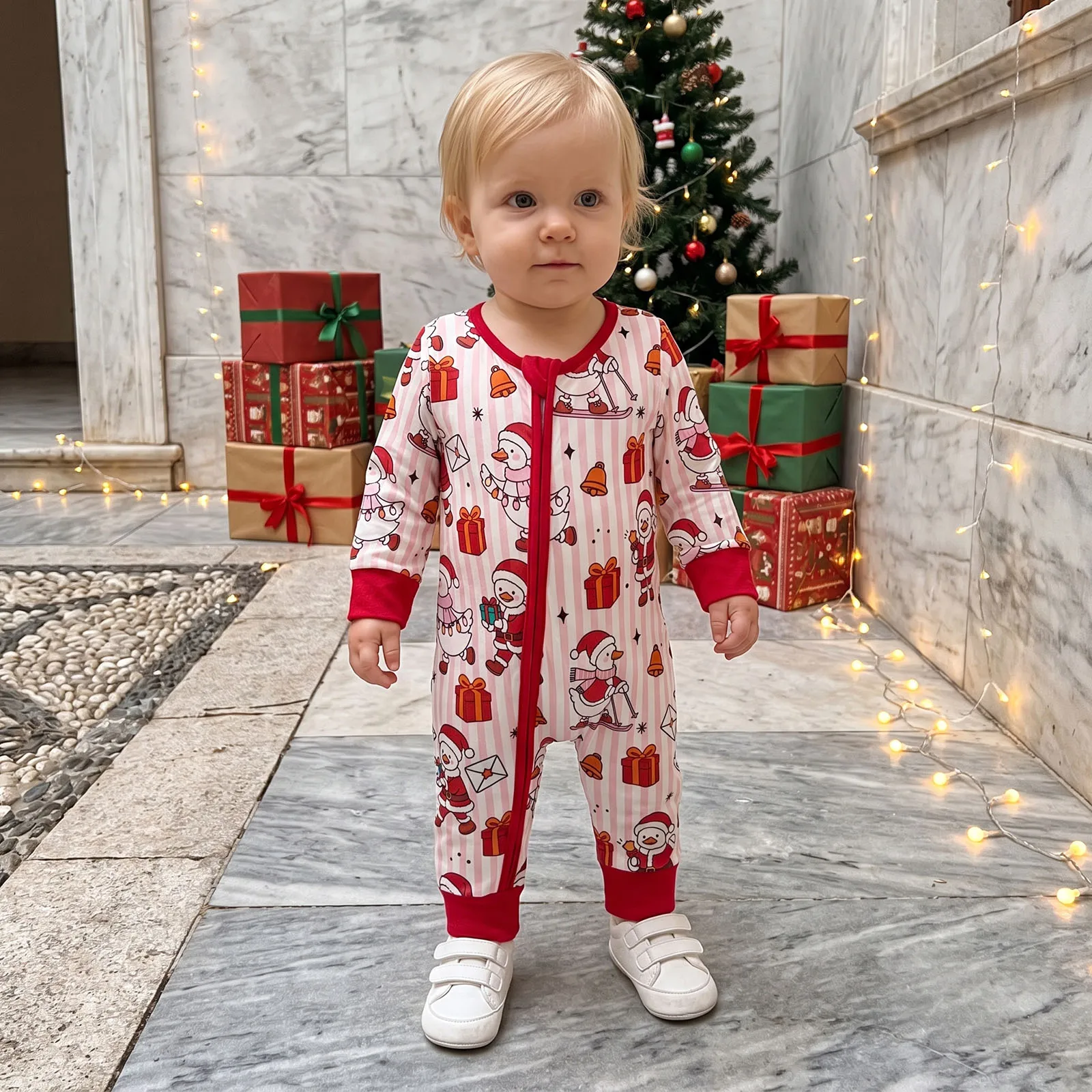 Baby Christmas Romper Front Zip Up Striped Crew Neck Long Sleeve Jumpsuit