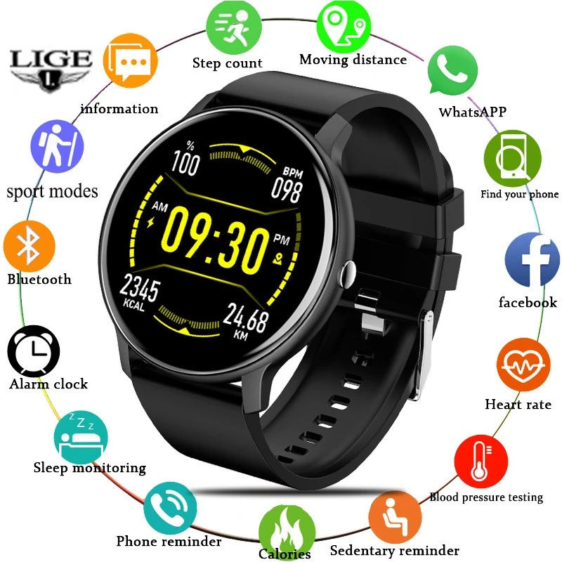 LIGE Brand Smart Watch Women Men Ladies Gift Sport Fitness Men Watches Heart Rate Monitor Waterproof Smartwatch For Android IOS