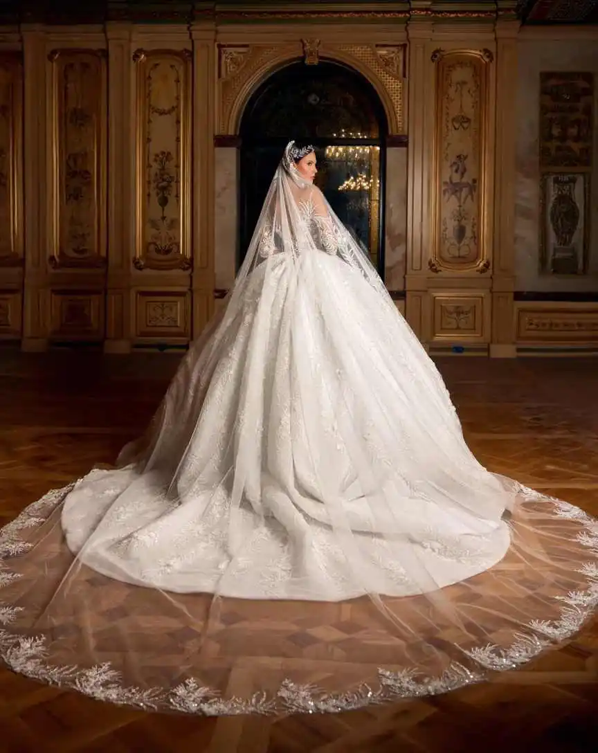 Romantic Bridal Gown All Over Sequins Off Shoulder Illusion Long Sleeve Tulle Ball Skirt Garden Wedding Outfit Customized