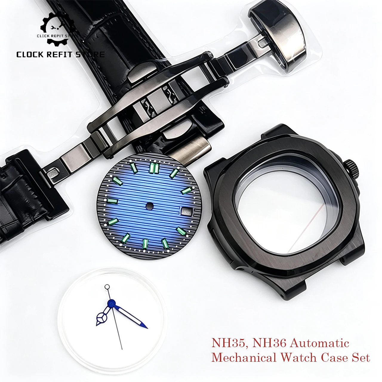 40mm PVD Black Coated NH35 Watch Case, Sapphire Crystal Exhibition Back Luminous Hands Stripe Dial, Hot Sale DIY Mod Build