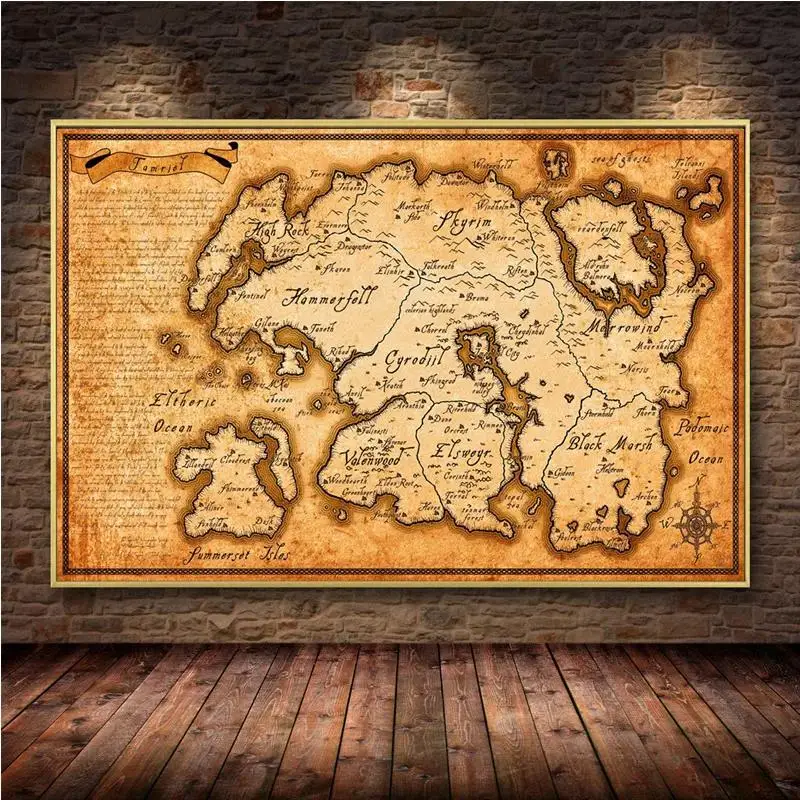 Mapa Vintage grande, rollos de ancianos, Skyrim, póster para juegos, impresiones en lienzo, imagen artística de pared para decoración del hogar y la sala de estar