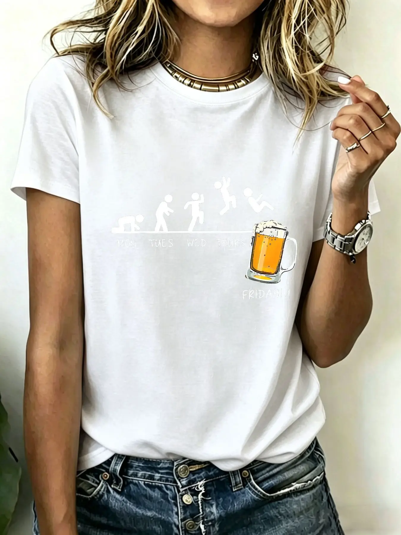 Camisetas de talla grande para mujer, divertida camiseta con estampado de cerveza de jueves a viernes, top informal de algodón de manga corta, corte holgado para verano
