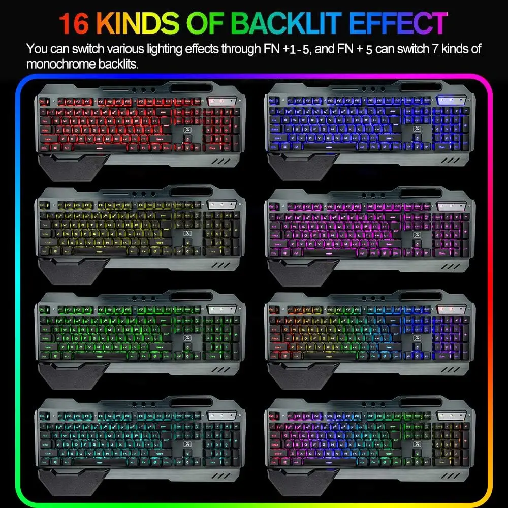 K680 Wireless Gaming Keyboard and Mouse Combo,Rainbow LED Backlit Keyboard with Rechargeable 3800mAh Battery Metal Panel