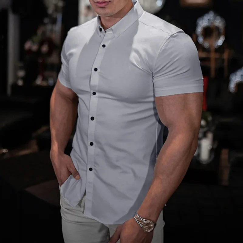 Muscle Fitness Men's Business Shirt Non Iron, Professional Work, Summer Wrinkle Resistant White Shirt, Men's Short Sleeve Shirt