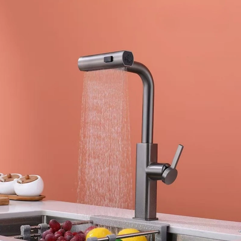 304 Stainless Steel Gunmetal Gray Kitchen Sink with Waterfall Pull-Out Scrub Faucet