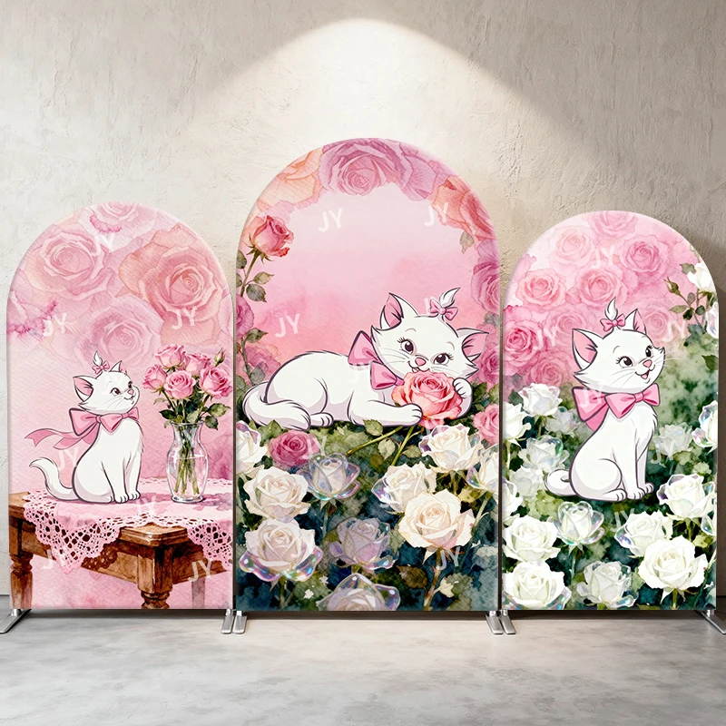 

Marie Cat Arch Backdrop Cover Rose Garden Scene Cartoon Theme Kids Birthday Baby Shower Photo Booth Decor Background