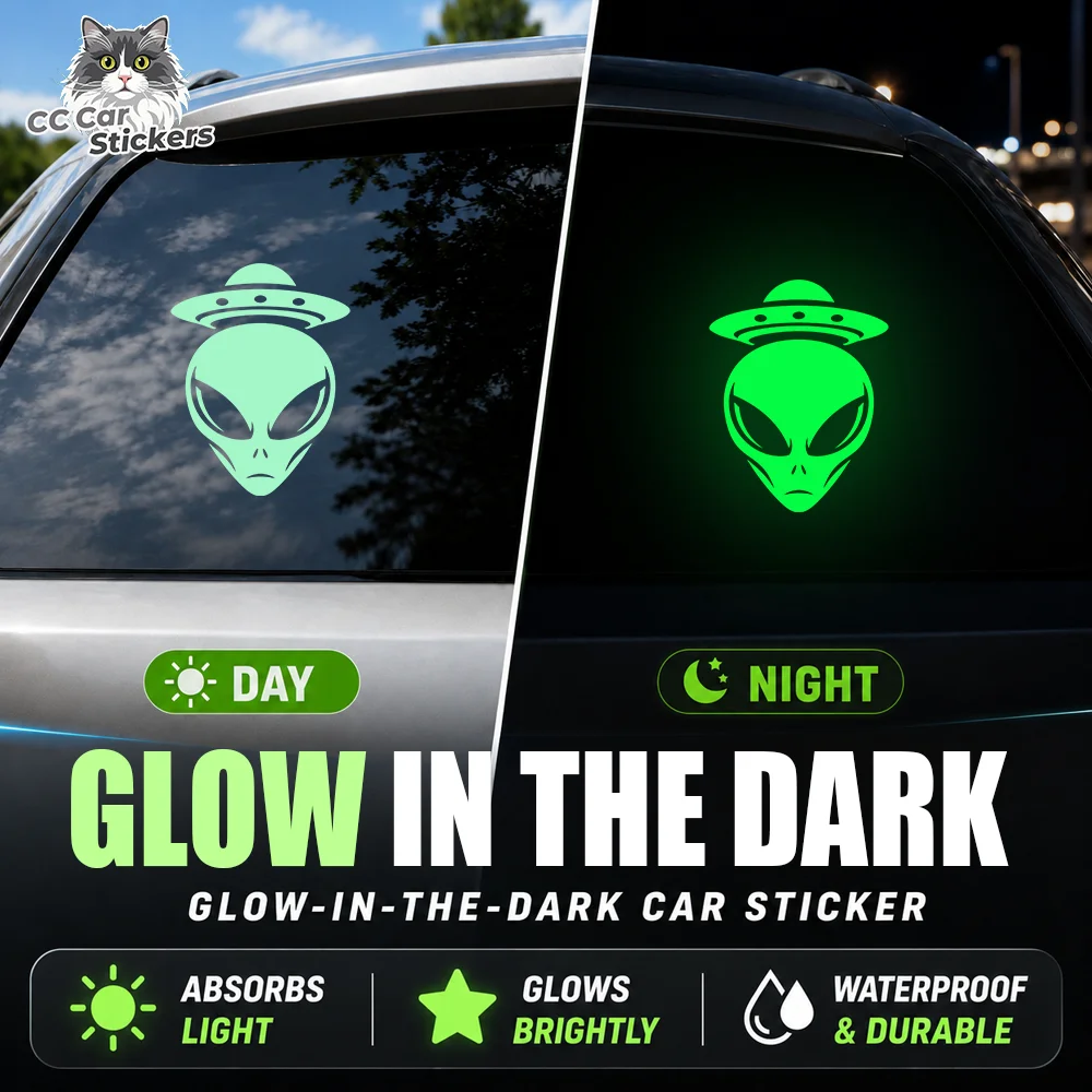 Extraterrestrial Alien UFO Glow in the Dark Car Sticker Luminous Vinyl Decal Waterproof Rear Window Sci-Fi Auto Decor Trim Set