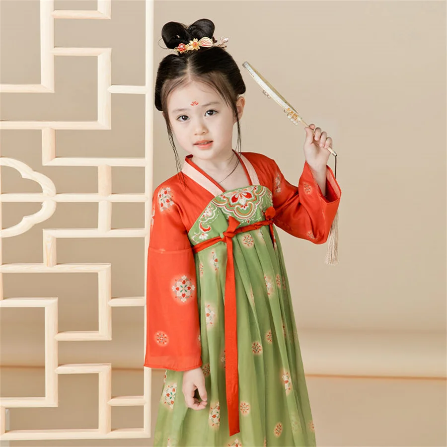 Antigo chinês tradicional traje hanfu crianças verão novo bonito solto bordado menina vestidos de fadas festa palco vestido