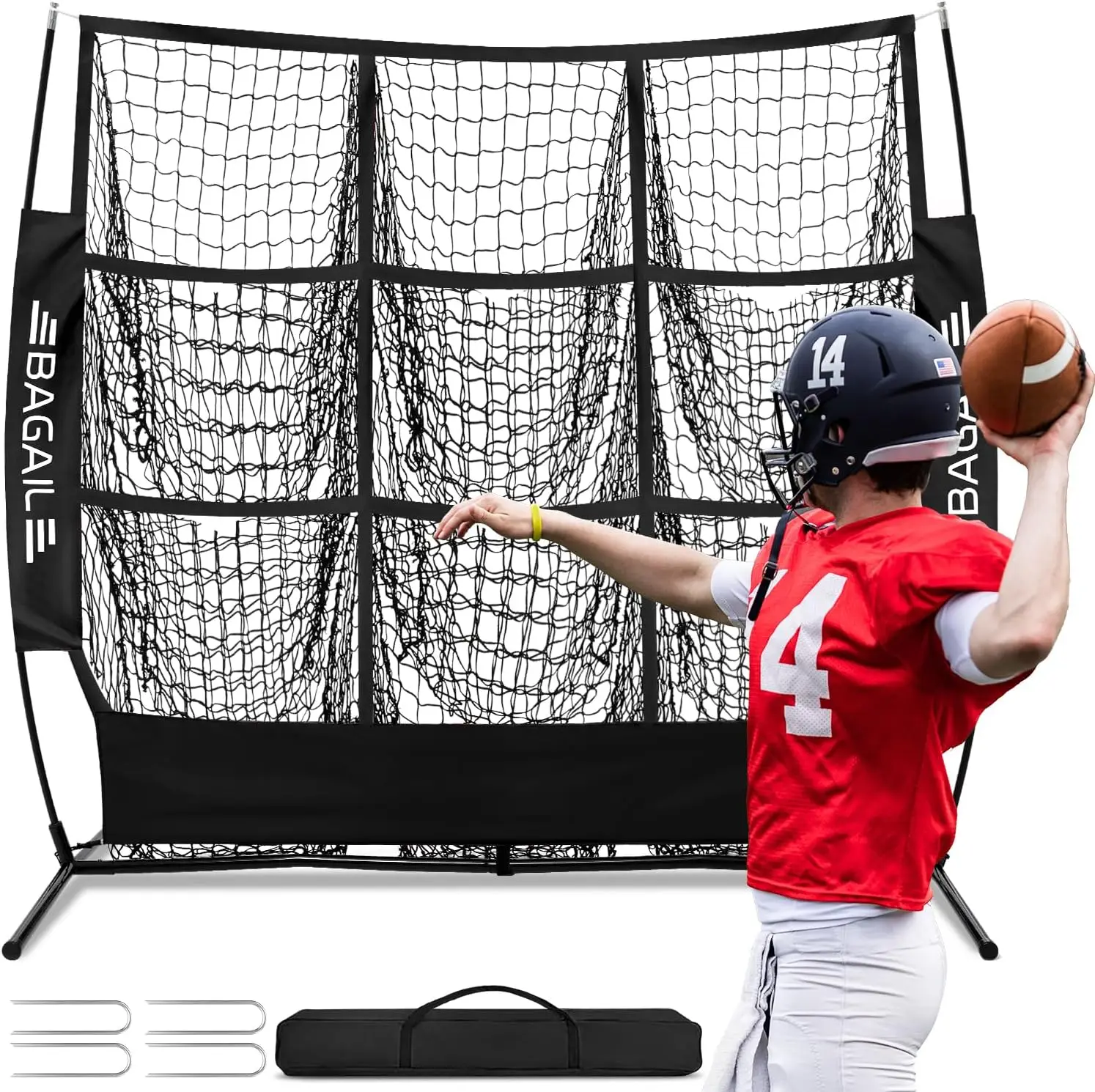 

Football Throwing Net with 9 Target Pockets, Portable QB Accuracy Trainer, Easy Setup Heavy Duty for Backyard Practice, Includes Carry Bag