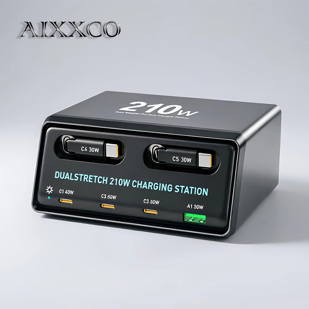 station-de-charge-rapide-aixxco-210w-avec-cables-integres-doubles-usb-c-chargeur-usb-multi-ports-avec-port-type-c-30w-qc30