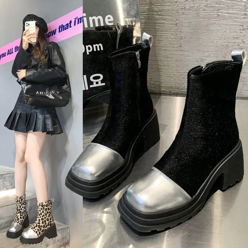 

Thick-soled Round-toe Cigar Boots Women's High-heel Wide-step Short Boots Mid-calf 2024 Arrival Autumn/winter New Womens Shoes