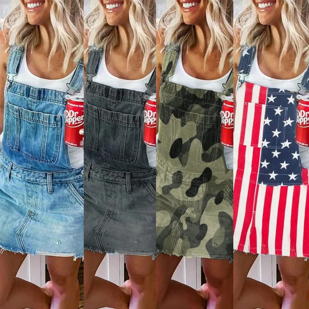 Lugentolo Women Overalls Denim Short Dress Summer Fashion Camouflage Flag Print Lady Sleeveless Slim Washed Do Old Clothing