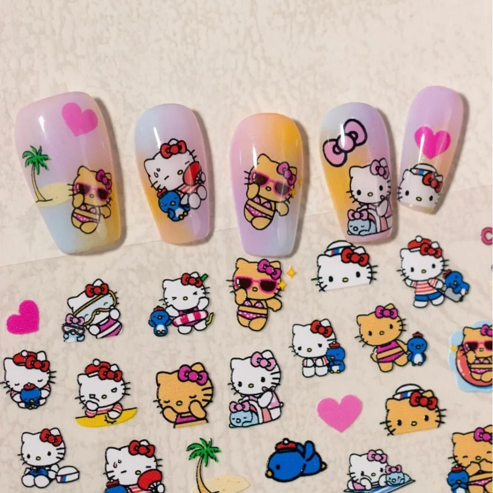 Sanrios Nail Art Decoration Stickers Hello Kitty Cartoon Black Skin Hawaii Series Cute Diy Nail Painting Girls' Decoration