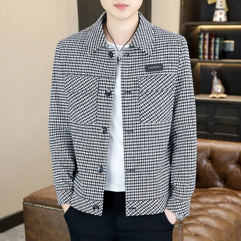 2024 New spring and autumn lapel thousand bird lattice fashion with handsome trend thin jacket jacket  men clothing