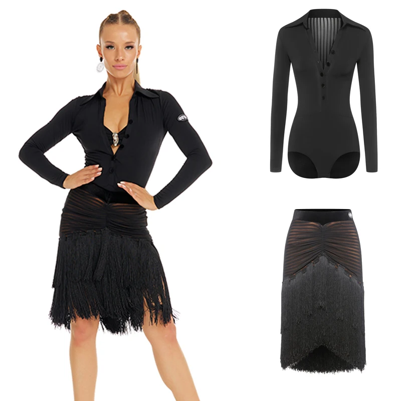 

Костюмы для соревнований по латинским танцам для взрослых, черный топ на пуговицах, юбки с кисточками, женская одежда для танго, бальных танцев, сценическая одежда SL14354