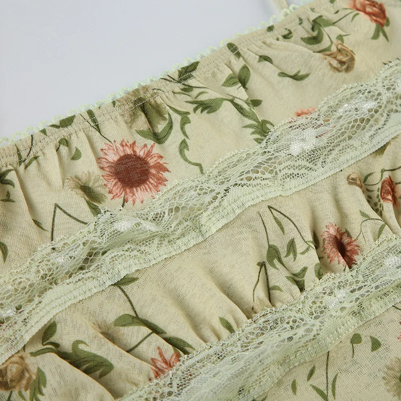 Summer Women Floral Printed Camisole Lace Spliced Crop Tops Ladies Lace-up Straps Camis Female Sexy Sleeveless Backless Vests