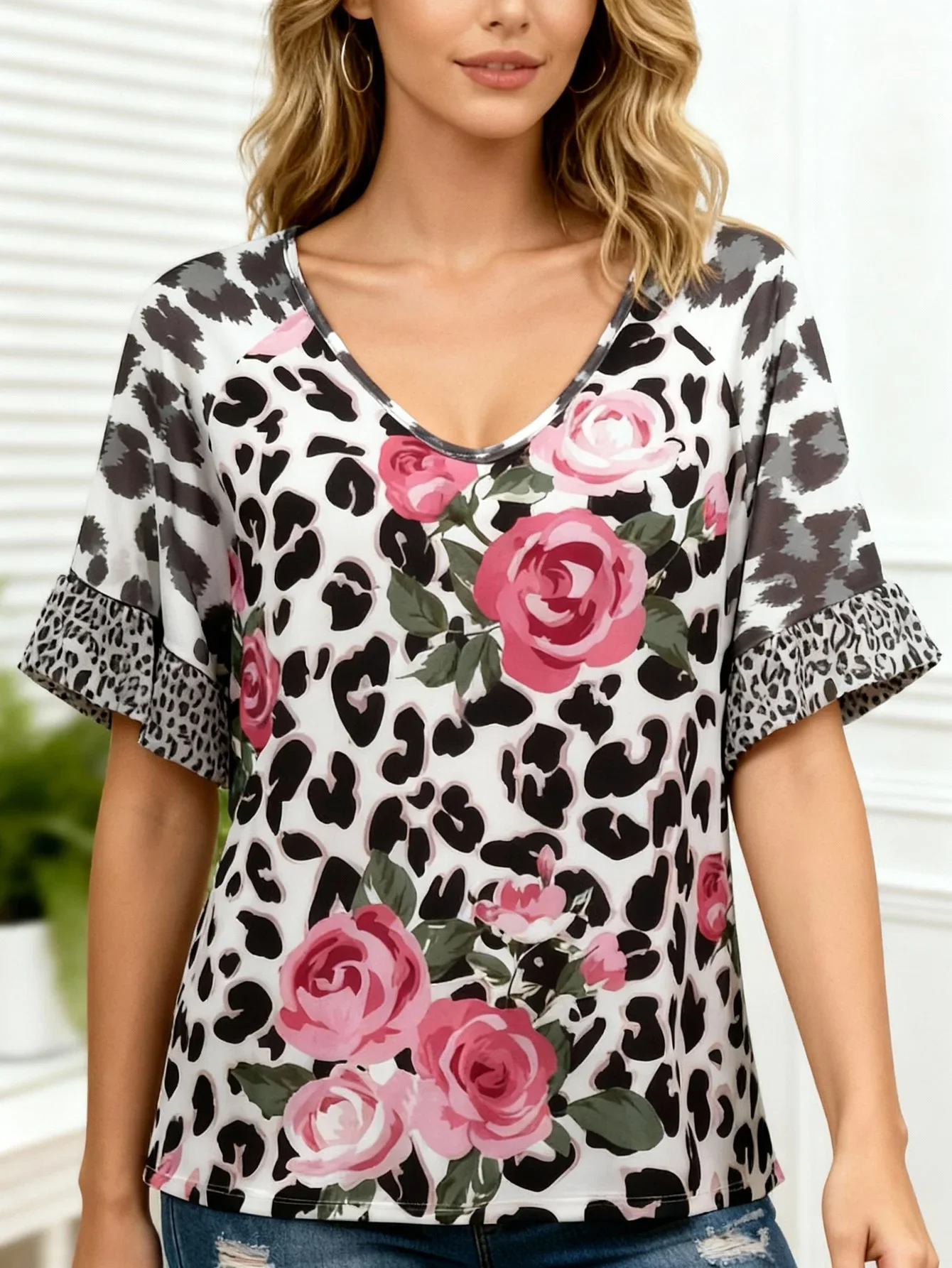 Plus Size Women Leopard Rose Print T-Shirt, V Neck Ruffle Short Sleeve Loose Casual Summer Ladies Blouse