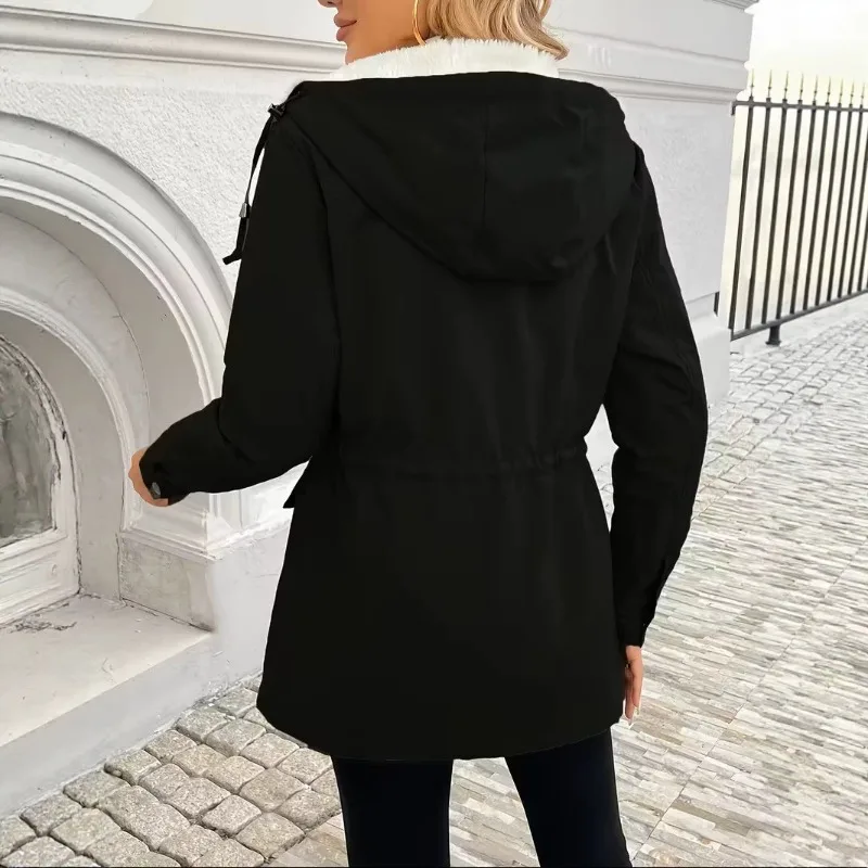 Women's Hooded Fleece Lined Cargo Coat, Mid-length Drawstring Waist Warm Sherpa Liner Winter Jacket