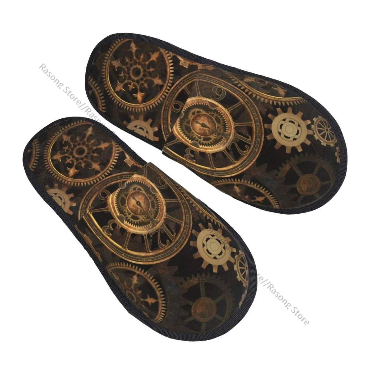 Winter Slipper Woman Man Fluffy Warm Slippers Steampunk Steam Punk Gears Clock Abstract Gold Technology House Slippers Shoes