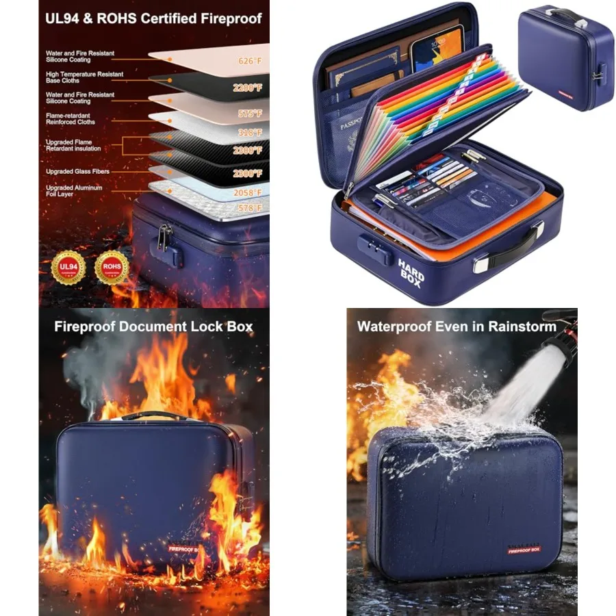 

Fireproof Document Box with Lock, Hard Case Waterproof Safe Box File Organizer, for Important Documents Papers Passports Certif