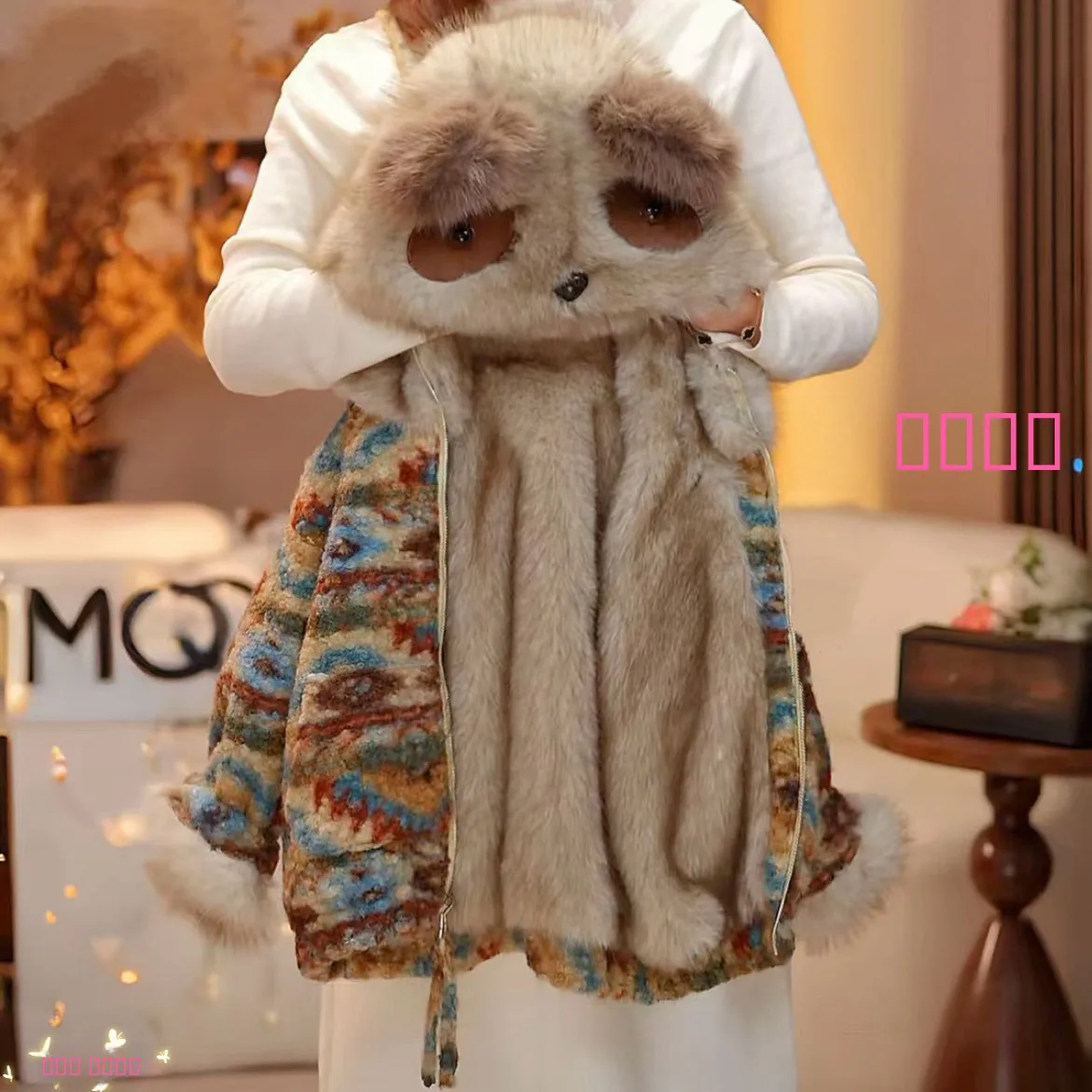 معطف أطفال من الفرو الصناعي قابل للارتداء على الوجهين، دافئ للغاية، بتصميم لطيف على شكل باندا، ملابس خارجية شتوية، فضفاضة وعصرية