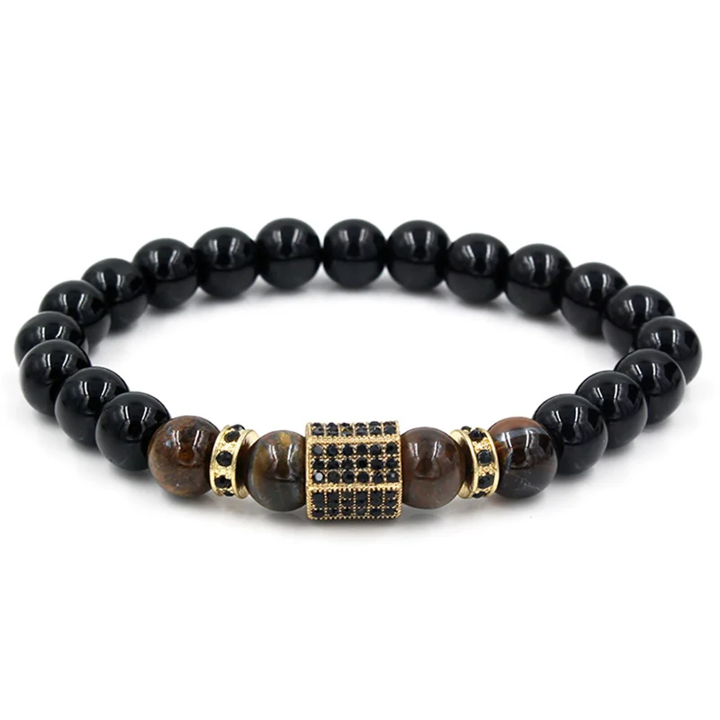 Matte Onyx Stone&Tiger Eye Combination Stitching with Cubic Zircon Hand Jewelry Beads Bracelet Elastic Stretch Men Bracelet