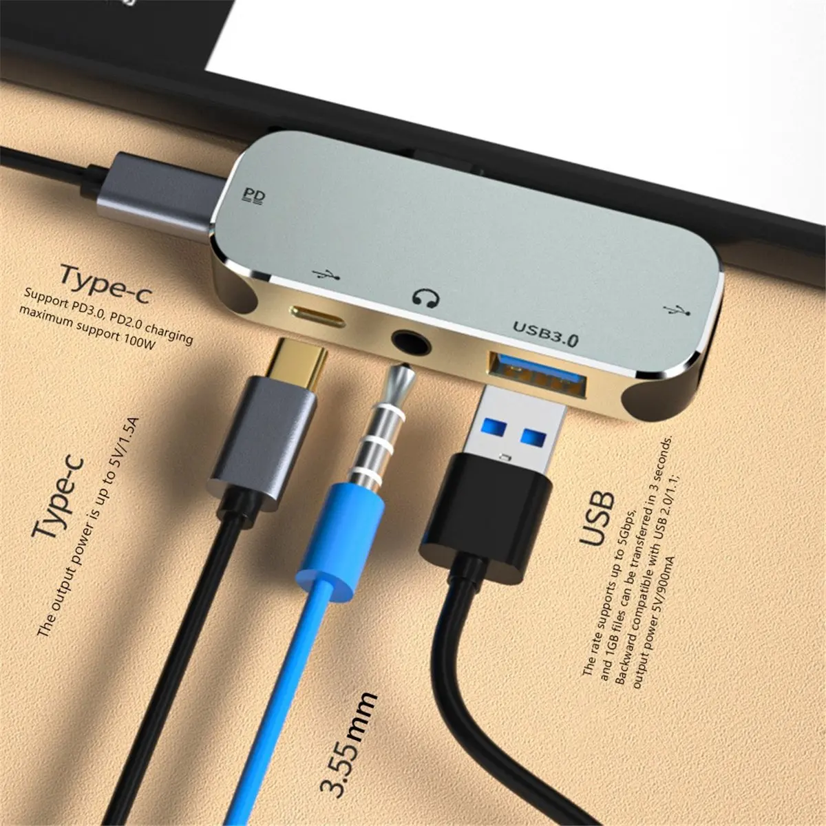 Super Sale PC Computer Type-C Extension Hub 5 in 1 3.55mm Jack PD100W USB3.0/USB3.1 HDMI-Compatible USB Extender YX04-X5