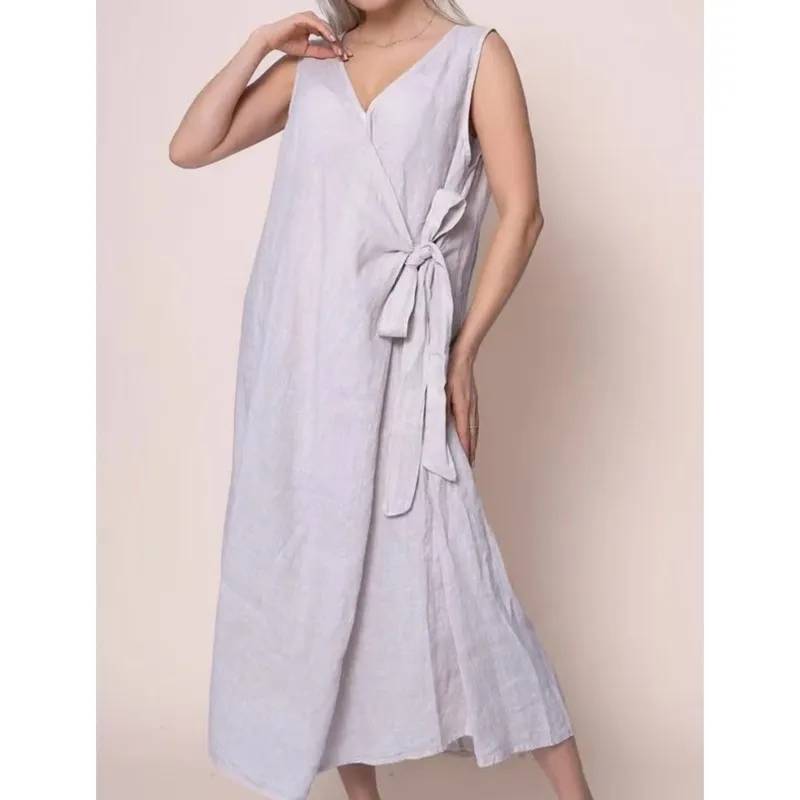 Summer Casual Loose Sleeveless Vest Dress Solid V-neck Side Strap Simple Style A-line Long Dresses For Women 2025 New Vestidos