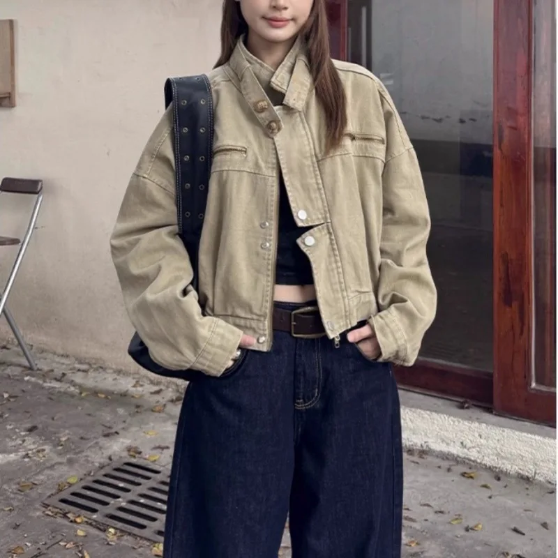 Women's Stand Collar Denim Jackets New Fashion Elegant Women Slim Harajuku Button Jackets Autumn Street Chic Young Student Coats