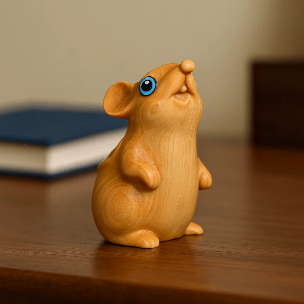 Home Decor Wood Carved Zodiac Mouse Statuette Funny Cute Hamster Statue Decorative Animal Figurine Sculpture Children