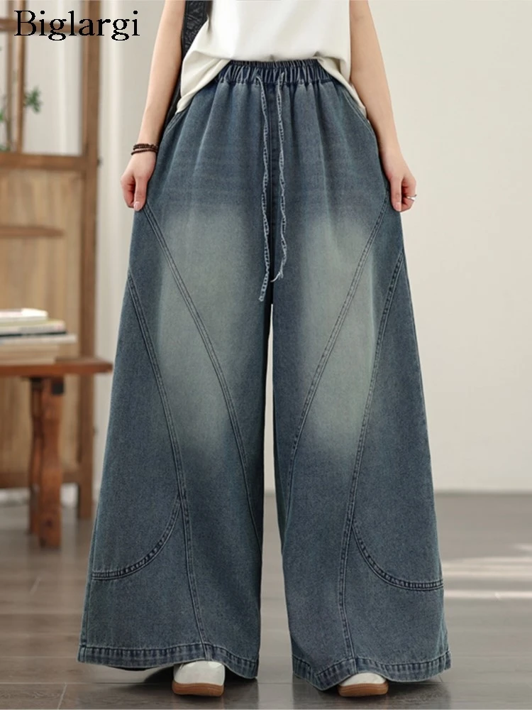 

Осенние широкие джинсовые брюки большого размера, женские модные свободные повседневные женские брюки в стиле ретро, женские длинные джинсы с эластичной резинкой и высокой талией